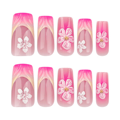 24pcs Blush Pink French Press On Nails Hand-painted White Flower Gold Ball Designs Fake Nail Short Square Korean False Nail Tips