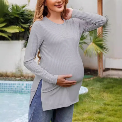 Spring New Maternity Clothes Round Neck Solid Color Slit Long Sleeve Base T-shirt Tops For Pregnant Women Maternity Wear