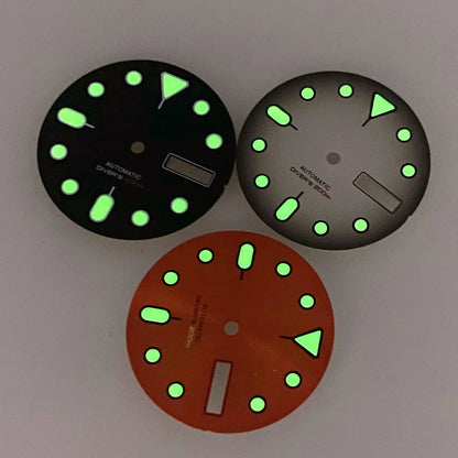 NH36 Watch Dial 29mm Weekday Date Orange/white/black Dial Face Plate Green Lume for Diver Watch Hand Set