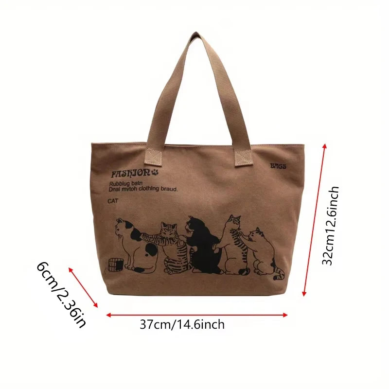 Canvas Totes Large Capacity Storage Handbag Women Tote Anime Cat Letters Shoulder Bags Girls Casual Commute Bag Portable Big Bag