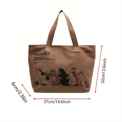 Canvas Totes Large Capacity Storage Handbag Women Tote Anime Cat Letters Shoulder Bags Girls Casual Commute Bag Portable Big Bag