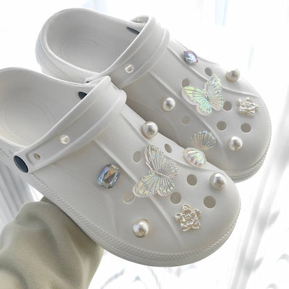 1 set 14pcs Transparent White Pearl Diamond Flower Shoes Decoration Charms Suitable For CROCS Clogs