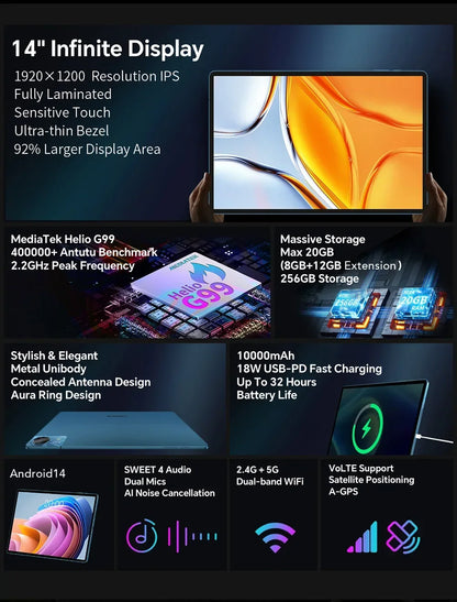 Teclast T70 Tablet MTK G99 Octa-Core 14inch FHD IPS Display 8GB RAM 256GB ROM Android 14 WIFI5G 10000mAh 13MP+8MP 4G Dual SIM