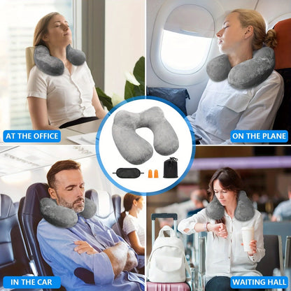 5Pcs Travel Pillow Set, Ergonomic Inflatable Travel Pillow with Earplugs - Soft Velvet Neck Support for Easy Storage and Carrying, Suitable for Airplanes, Cars, Offices and Campings, Sleep Rest Pillows