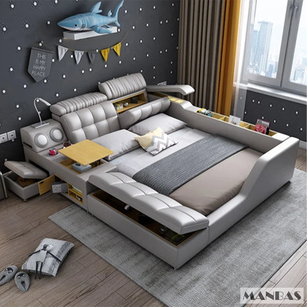 Modern Multi-Functional Tech Smart Bed with Storage, Speakers, USB, Bookshelves, and Tatami – Luxury King/Queen Ultimate Bed