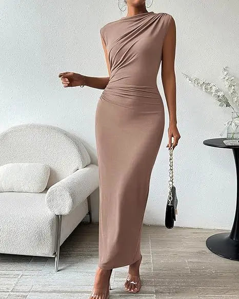 Women's Ruched Bodycon Dress Summer Casual Sleeveless Back Slit Elegant Club Evening Party Cocktail Maxi Dresses