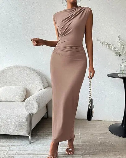 Women's Ruched Bodycon Dress Summer Casual Sleeveless Back Slit Elegant Club Evening Party Cocktail Maxi Dresses