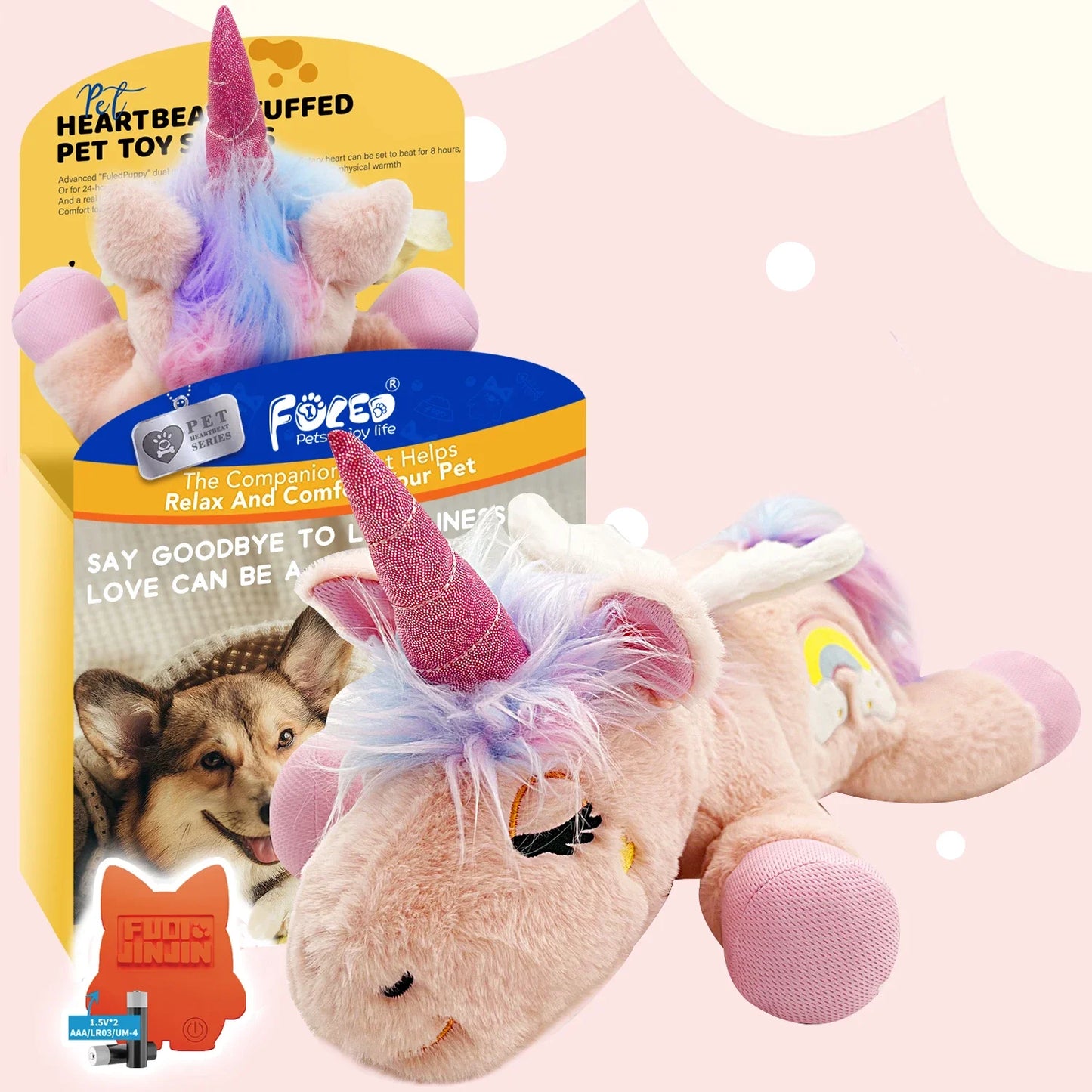 PETFULED Unicorn Heartbeat Dog Toys Plush Toys Comfort Puppy Toys Stress Reducing Sleep Aid Crate Toys, Durable Chew Toys for Do