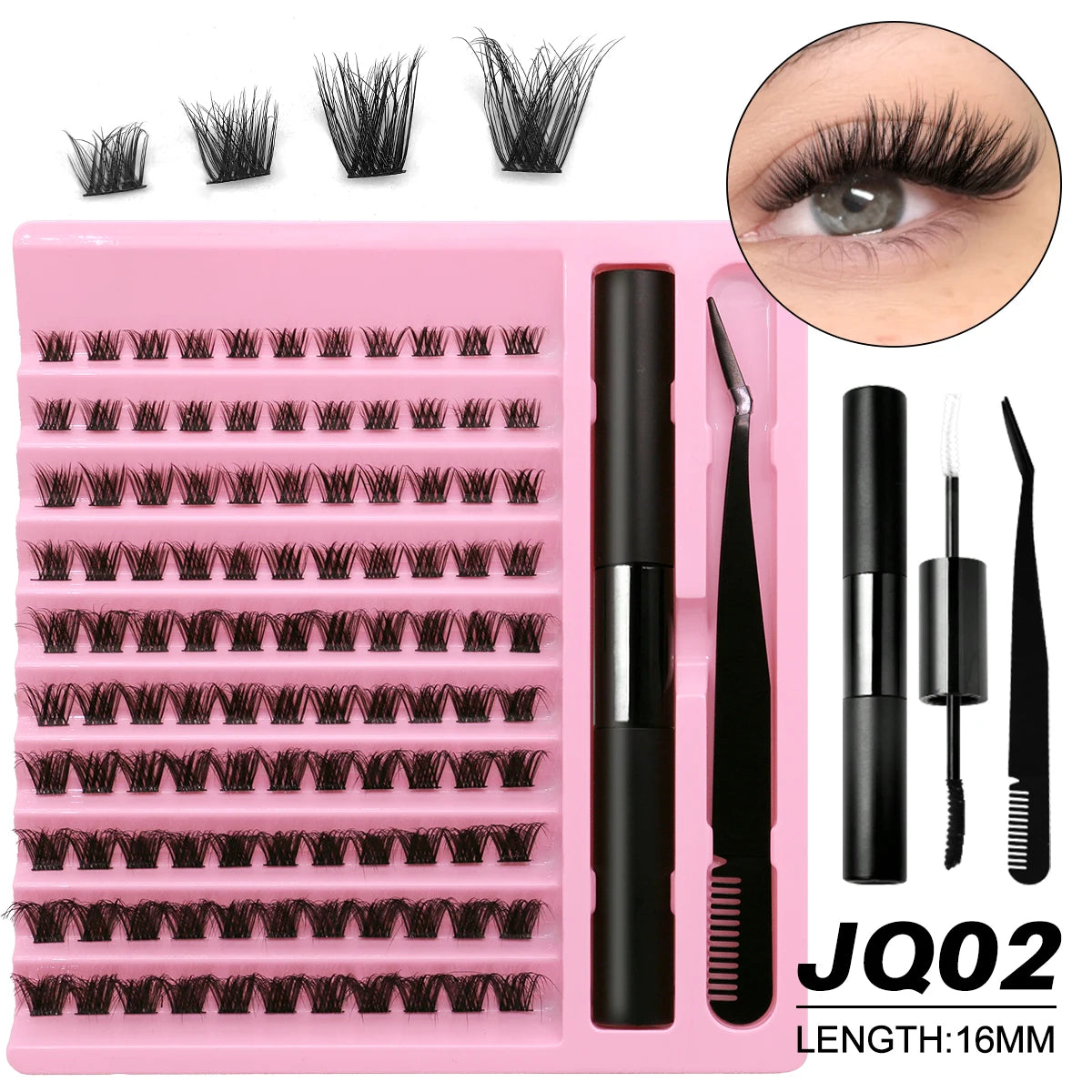 GROINNEYA DIY Lash Extension Kit Lash Clusters With Waterproof Strong Hold Lash Bond And Seal And Eyelash Tweezers Lash Cluster