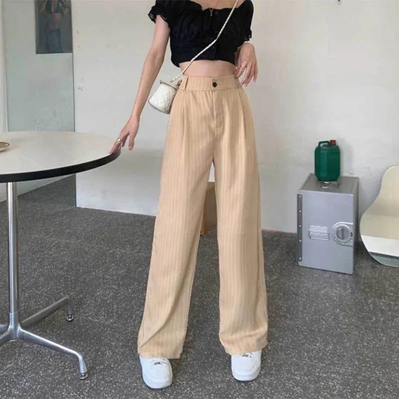 Women's Formal Office Wear Suit Pants Vintage High Waist Baggy Striped Pants Woman Korean All-Match Straight Trousers Female