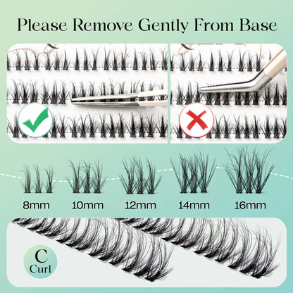 VYRILA Lash Extension Kit Wispy C Curl Lash Clusters Kit Hush 8-16mix Individual Lashes with Lash Bond and Seal Lash Tweezers