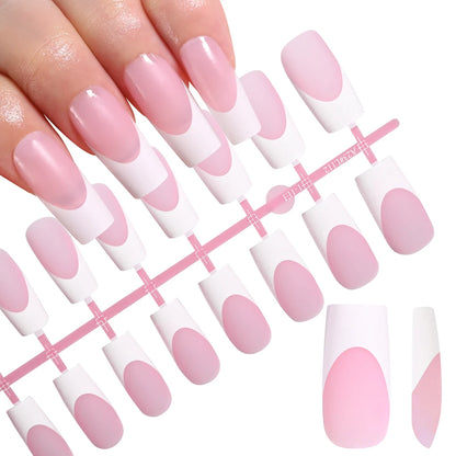120Pcs Medium Long Square Acrylic French Fake Nails Full Cover Wearable French Press on Nails for Women Mixed Size False Nails