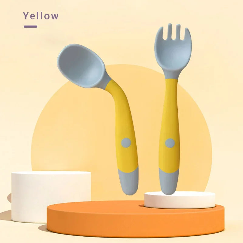 Baby Fork and Spoon Set Bendable Toddler Utensils Soft Silicone Handle Training Tableware Self Feeding Tools for Infants Kids BP