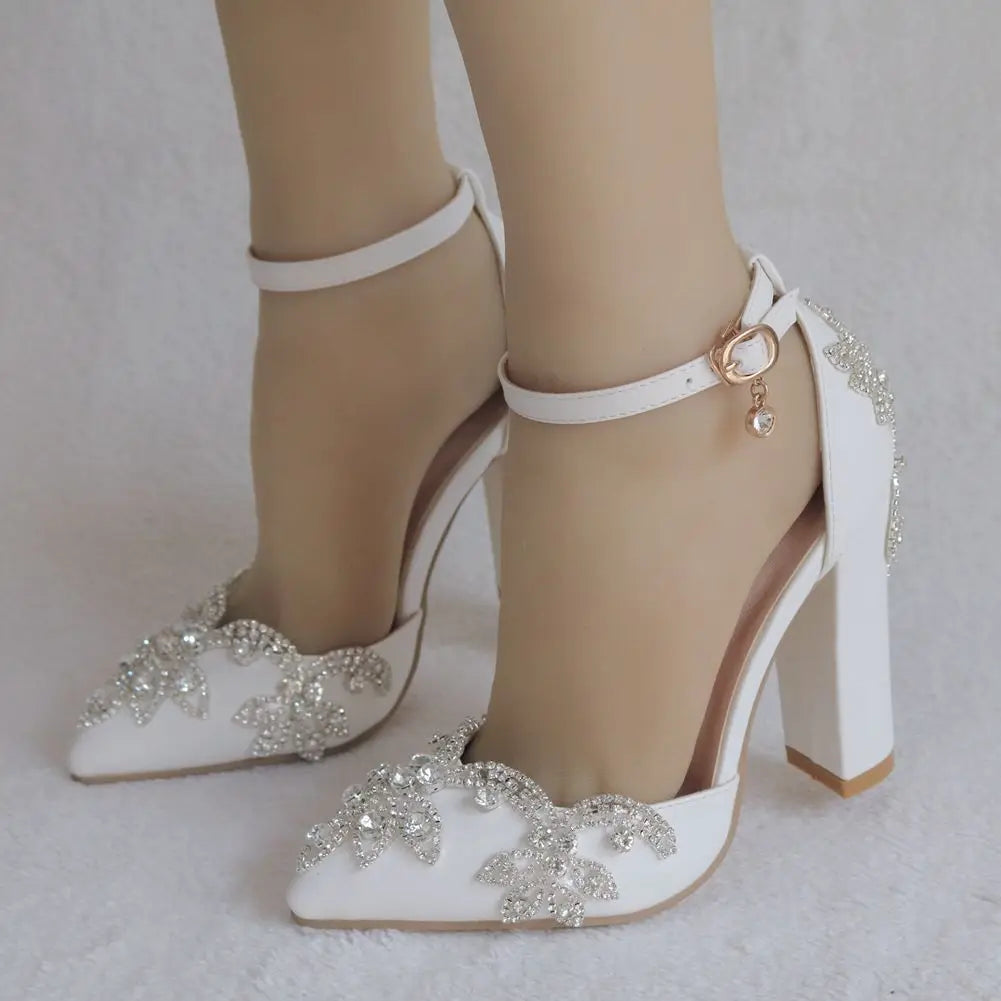 2025 Thick Heel Pointed Toe Shoes Large Size  Thick Heel Sandals Women Rhinestone Wedding Shoes Women White Wedding Shoes Drill