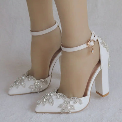 2025 Thick Heel Pointed Toe Shoes Large Size  Thick Heel Sandals Women Rhinestone Wedding Shoes Women White Wedding Shoes Drill