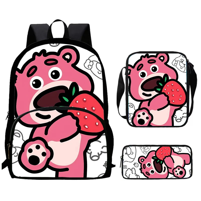 Child School Backpack with Front Pocket,Shoulder Bag,Pencil Bag for Aged 5-10,Cartoon Strawberry Bear School Bags for Boys Girls