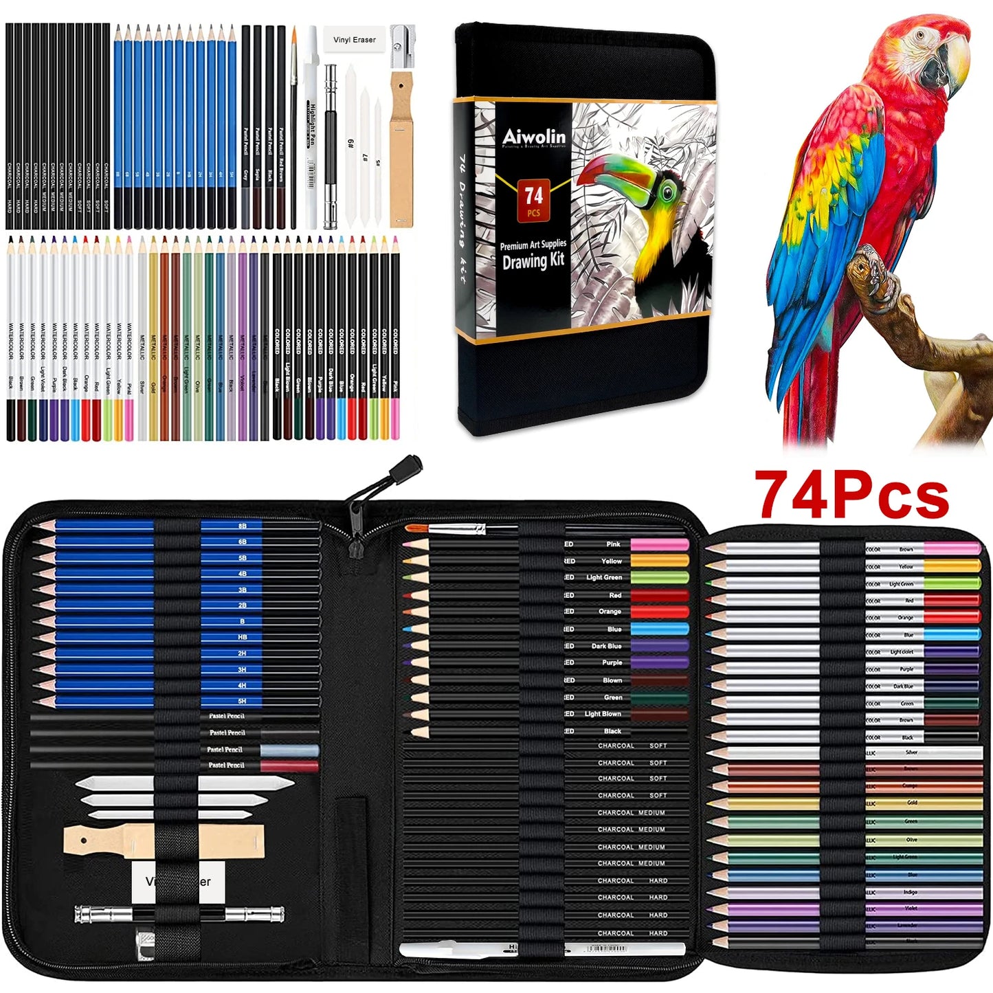 74 Art Set Drawing Supplies - Pro Sketching Kit for Artists Adults , Charcoal, Watercolor, Metallic Colored Pencils in Gift Case