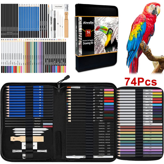 74 Art Set Drawing Supplies - Pro Sketching Kit for Artists Adults , Charcoal, Watercolor, Metallic Colored Pencils in Gift Case