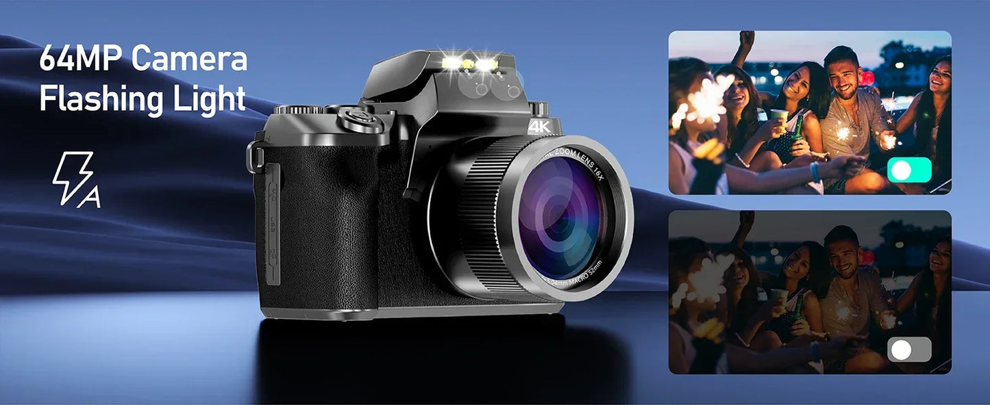 4K DSLR Cameras for Photography 64MP WiFi Auto Focus YouTube Vlogging Video Cameras 60FPS Livestream Camcorder 4" Touch Screen