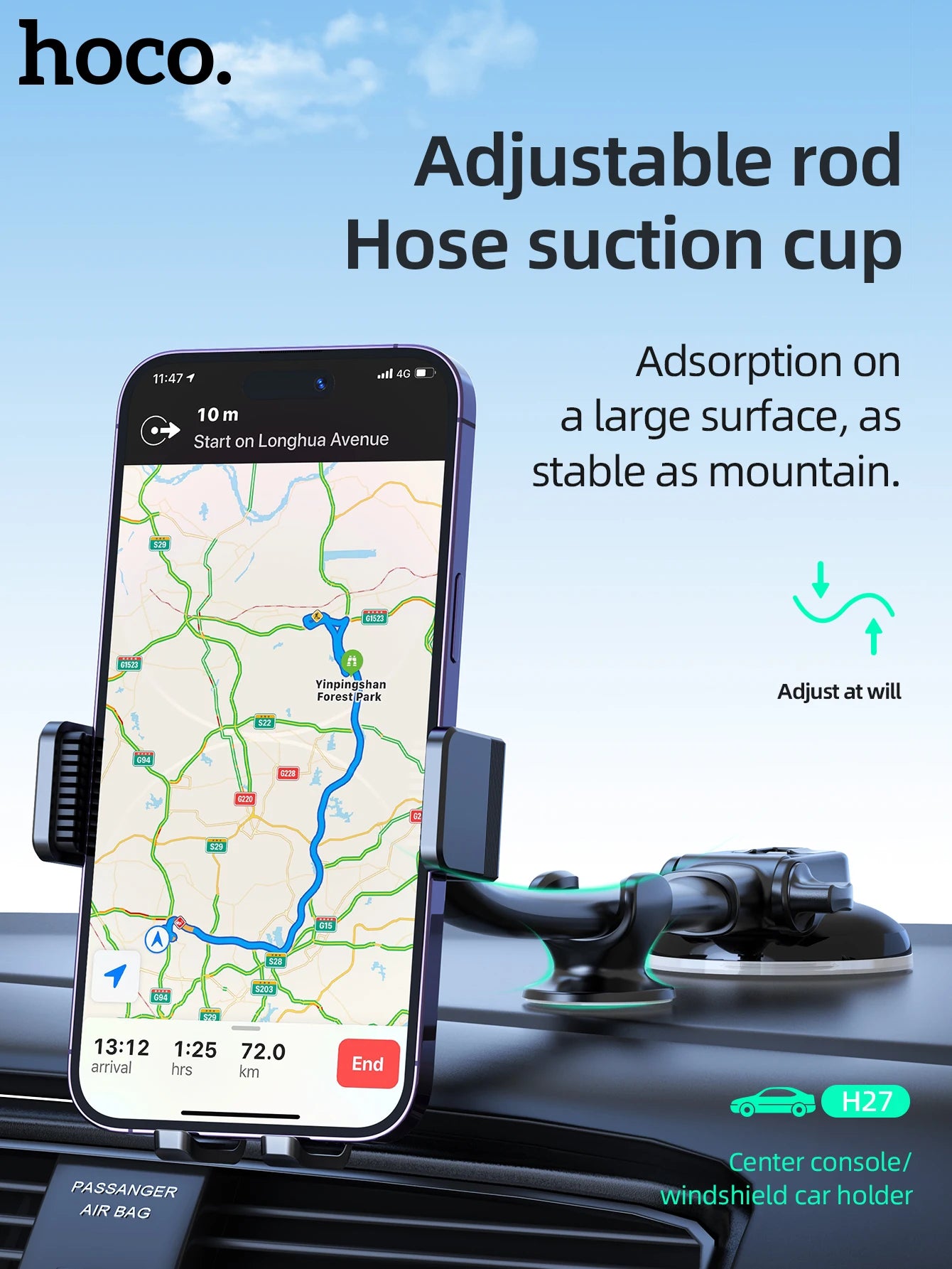 HOCO Car Center Console Windshield Phone Holder For iPhone 16/15 Pro Max Handsfree Universal Phone Mount For 4.7-7 inch Phones