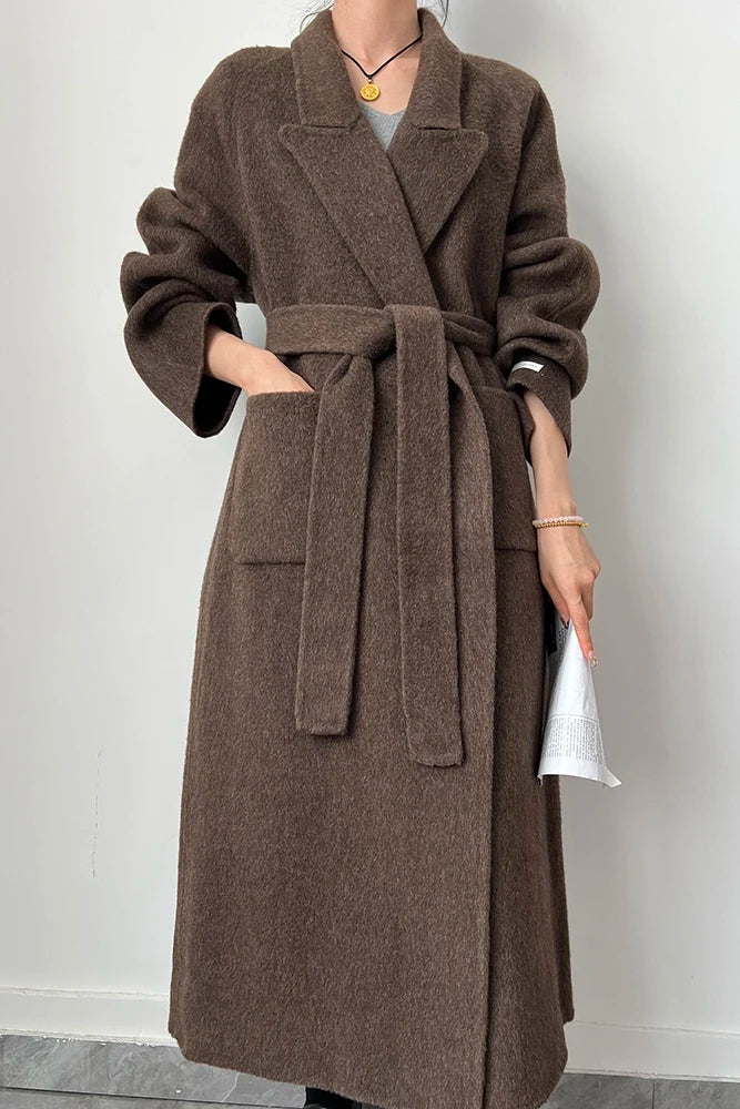 Office Lady Woolen Jackets 2024 Autumn And Winter Bathrobe Style Pocket Double-Sided Loose Lace -Up Tie Women's Long Wool Coats