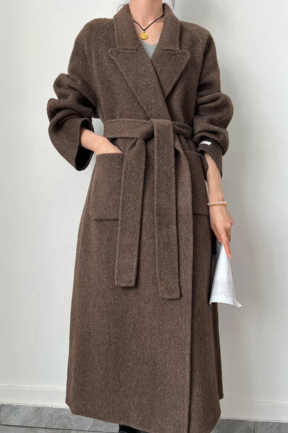 Office Lady Woolen Jackets 2024 Autumn And Winter Bathrobe Style Pocket Double-Sided Loose Lace -Up Tie Women's Long Wool Coats