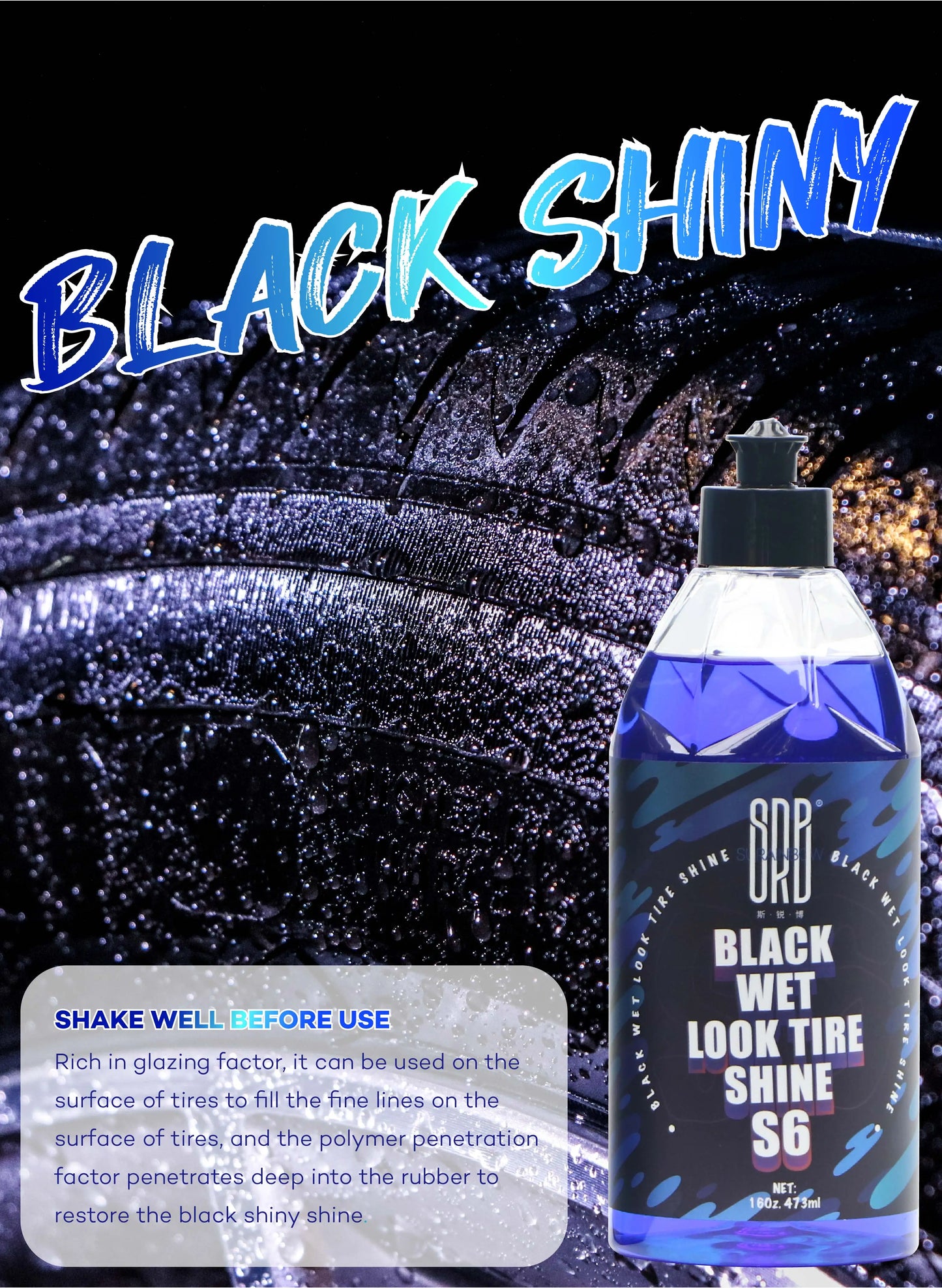 Black Wet Look Tire Shine Dressing -Automotive Clear Coat Tire Dressing Spray for Glossy Wet Tire Look, Vinyl & Plastic, with UV