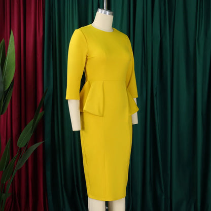 Elegant Office Dresses for Woman O Neck Full Sleeve Sheath Ruffles Package Hips Mid Calf Professional Business Work Dress Midi