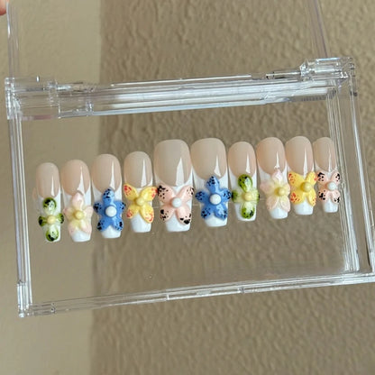 10PCS Handmade Manicure Press-On Nails French Style Medium Almond Shape with Blue Bow Design Includes Adhesive And Nail File Set