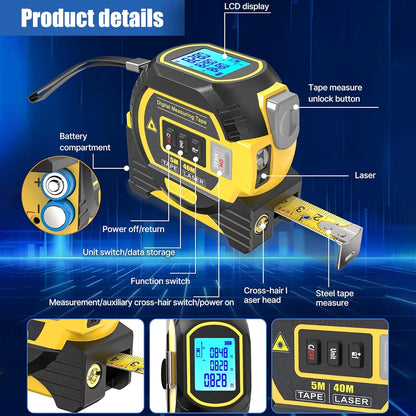 3 in1laser distance meter measuring laser tape measure with digital display 40m/60m, 5m precision measuring ruler,distance meter