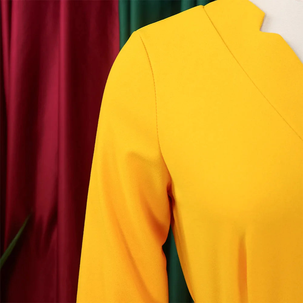 Office Dresses for Women V Neck Full Sleeve Belt Waisted Pleated Mid Calf Elegant Female Business Work Wear Dress Midi Cloth New