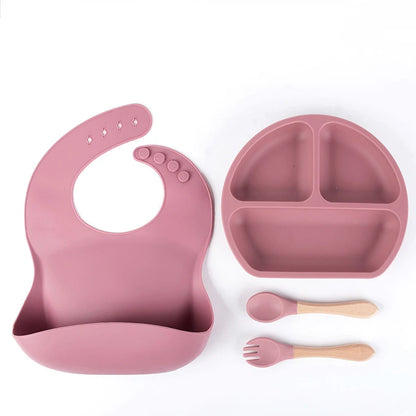 4PCS Silicone Children Tableware Baby Feeding Set Silicone Dinner Plate Wood Handle Spoon Fork Silicone Bibs BPA Free