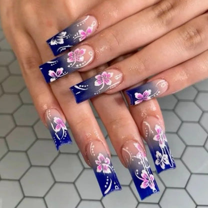Pink French Style False Nails White Flower Printed Short Square Head Press on Nails Simple Wearable Artificial Nails Art 24Pcs