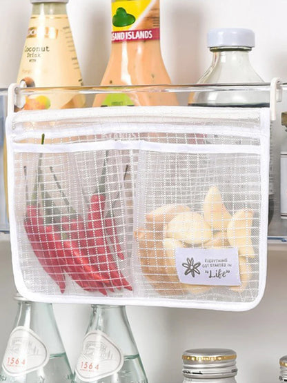 Dual Compartment Fridge Hanging Organizer - Mesh Storage Bags for Fruits/Snacks, No Hook Space Saving Bin with Clear Window