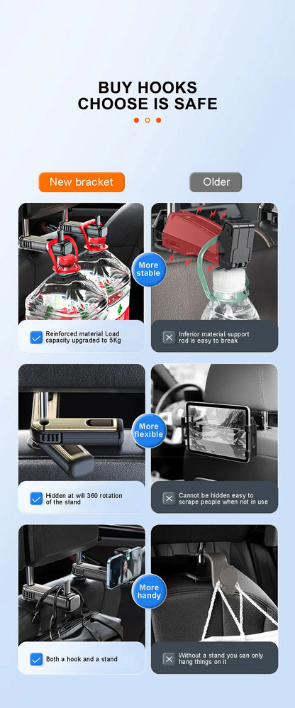 SEAMETAL 2 in 1 Car Seat Back Hook with Phone Holder Stable Headrest Hanging Hook Anti Slip Silicone Pad Hidden Rear Row Hanger