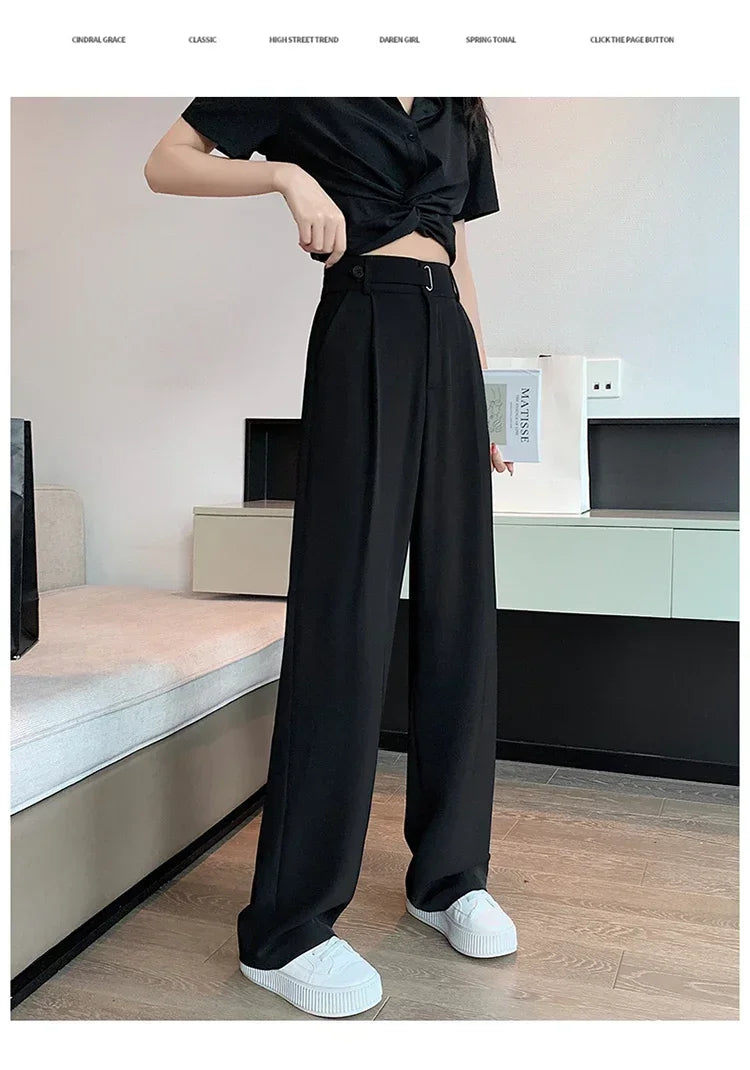 Office Ladies Casual Suit Wide Leg Pants Women Elegant 2025 Spring Summer Fashion Solid Color High Waist Loose Outwear Trousers
