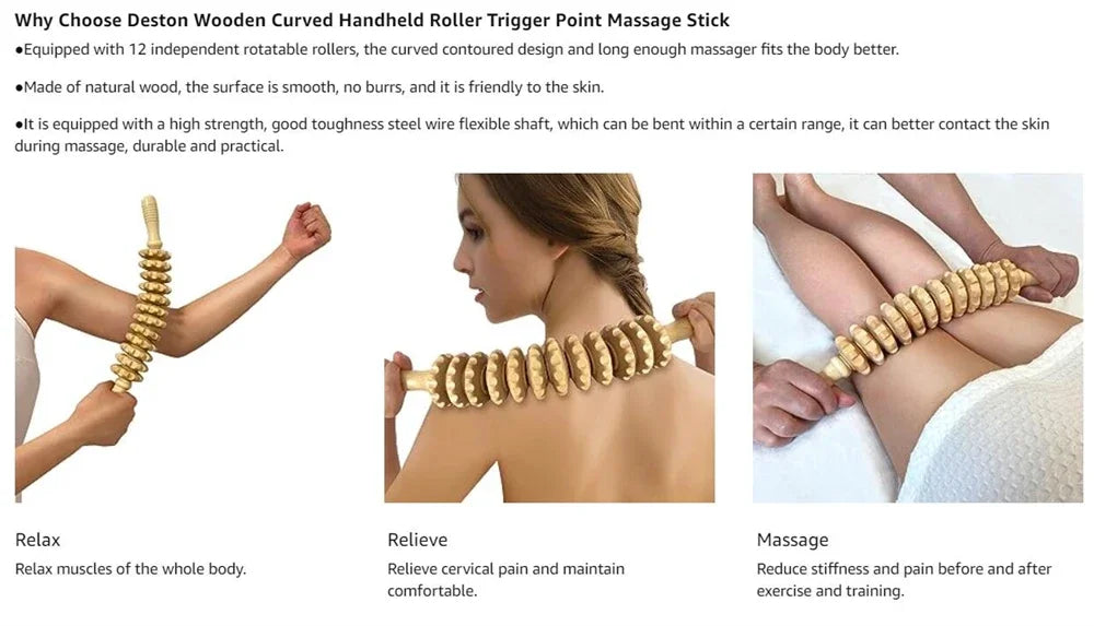 12 Rollers Wooden Curved Massager Handheld Roller Stick, Trigger Point Body Therapy Massager for Belly Waist Muscles Pain Relief