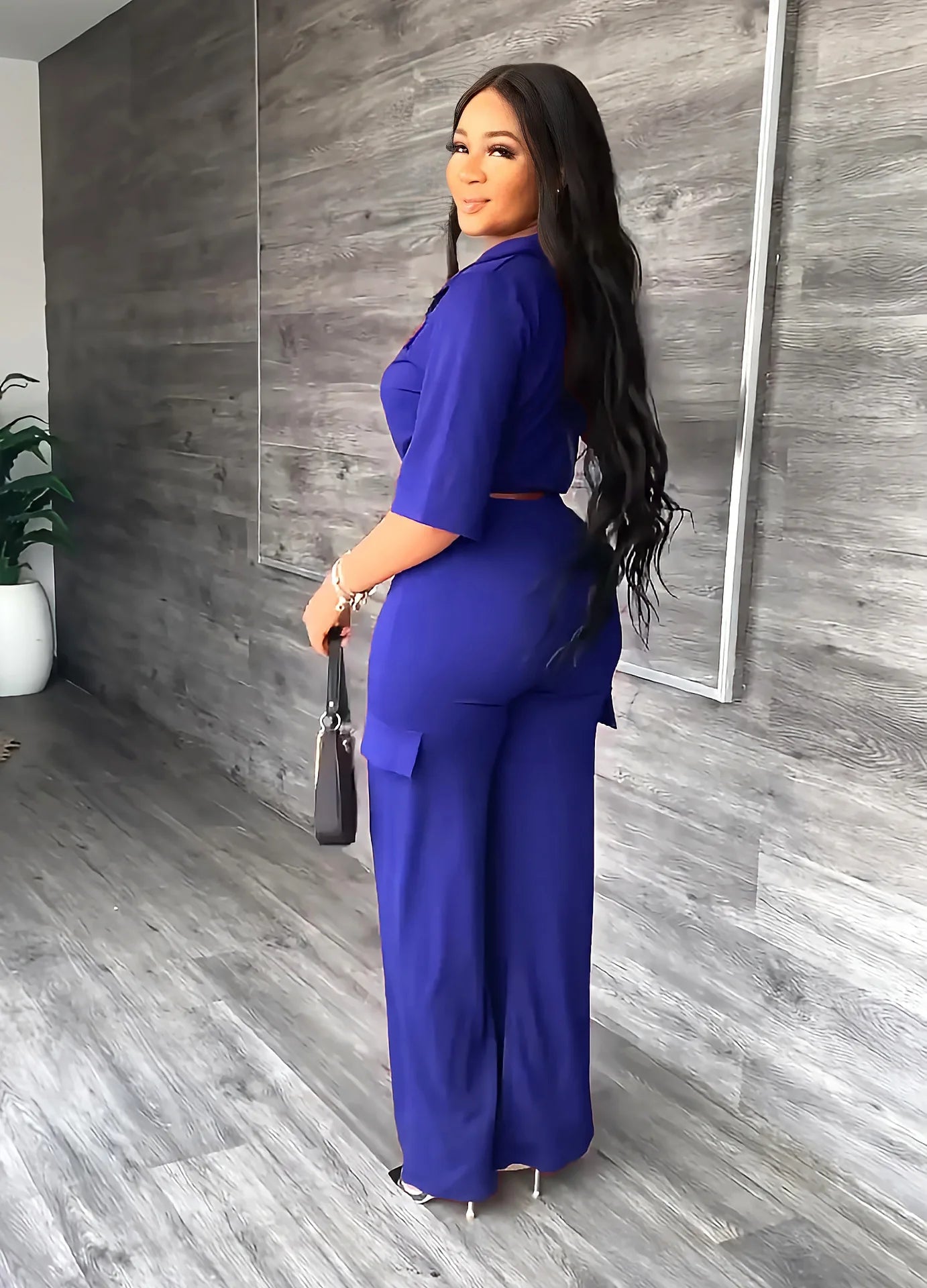 Elegant Office Women Two Piece Sets Autumn V Turn-down Neck Half Sleeve Drawstring Lace Up Short Shirt + Wide Leg Trousers Set