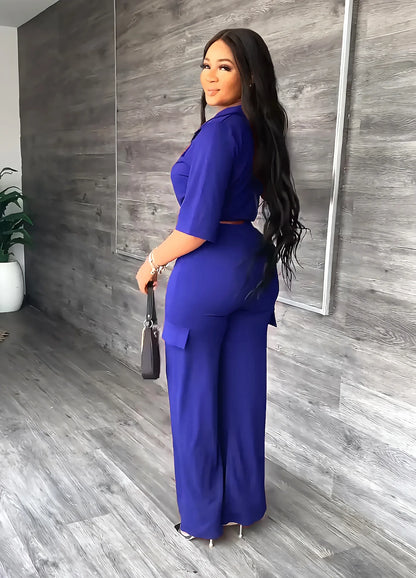 Elegant Office Women Two Piece Sets Autumn V Turn-down Neck Half Sleeve Drawstring Lace Up Short Shirt + Wide Leg Trousers Set