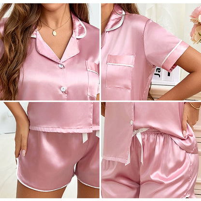 Women Silk Satin Pajamas Set Two-piece Pj Sets Sleepwear Loungewear Button-Down Pajama Women 2 Piece Pijama Homewear Shorts Set