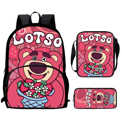 Child School Backpack with Front Pocket,Shoulder Bag,Pencil Bag for Aged 5-10,Cartoon Strawberry Bear School Bags for Boys Girls