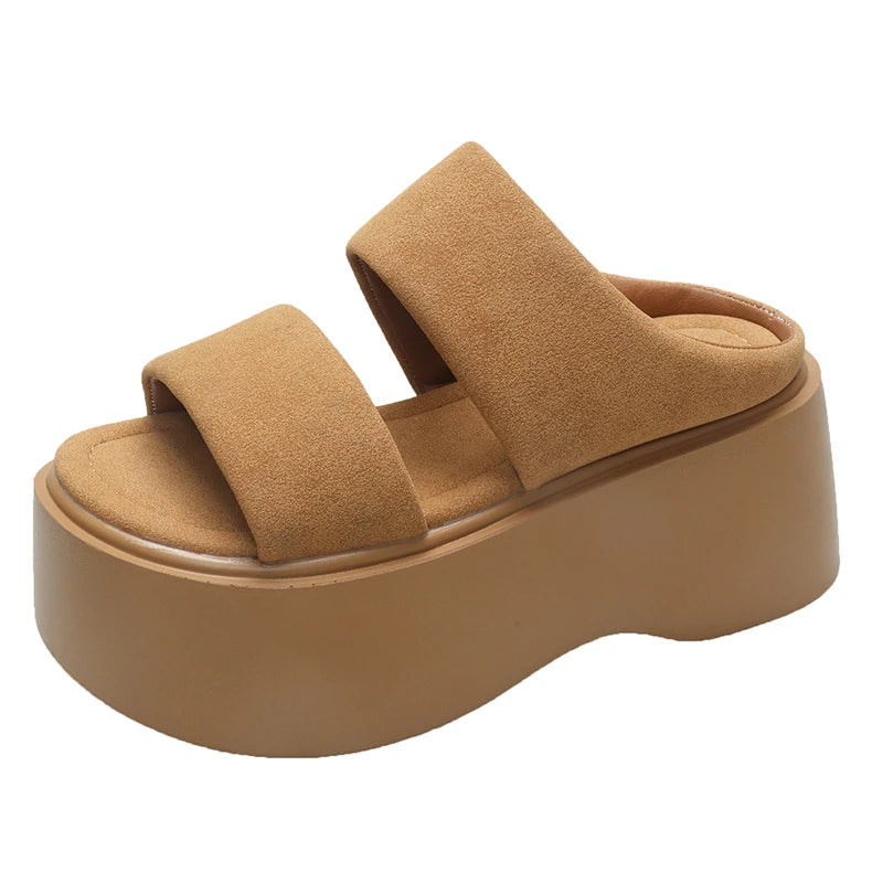 Summer 2023 Chunky Sandals Women's Thick Bottom Wedge Heels Slides 8CM High Heels Platform Leather Casual Beach Flip Flops Woman