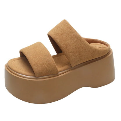 Summer 2023 Chunky Sandals Women's Thick Bottom Wedge Heels Slides 8CM High Heels Platform Leather Casual Beach Flip Flops Woman
