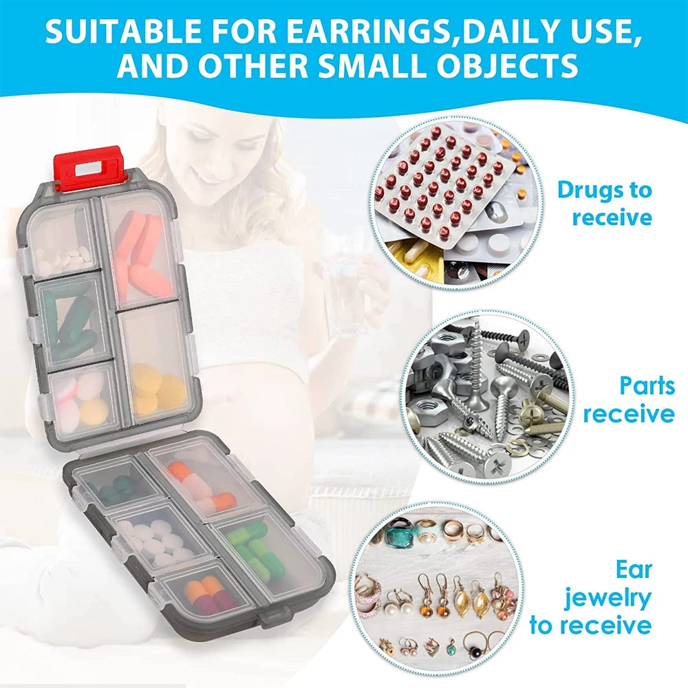 1Pcs Travel Pill Organizer, 10 Grid Compartments Pocket Pharmacy, Portable Mini Daily Weekly 7 Day Medication Organizer