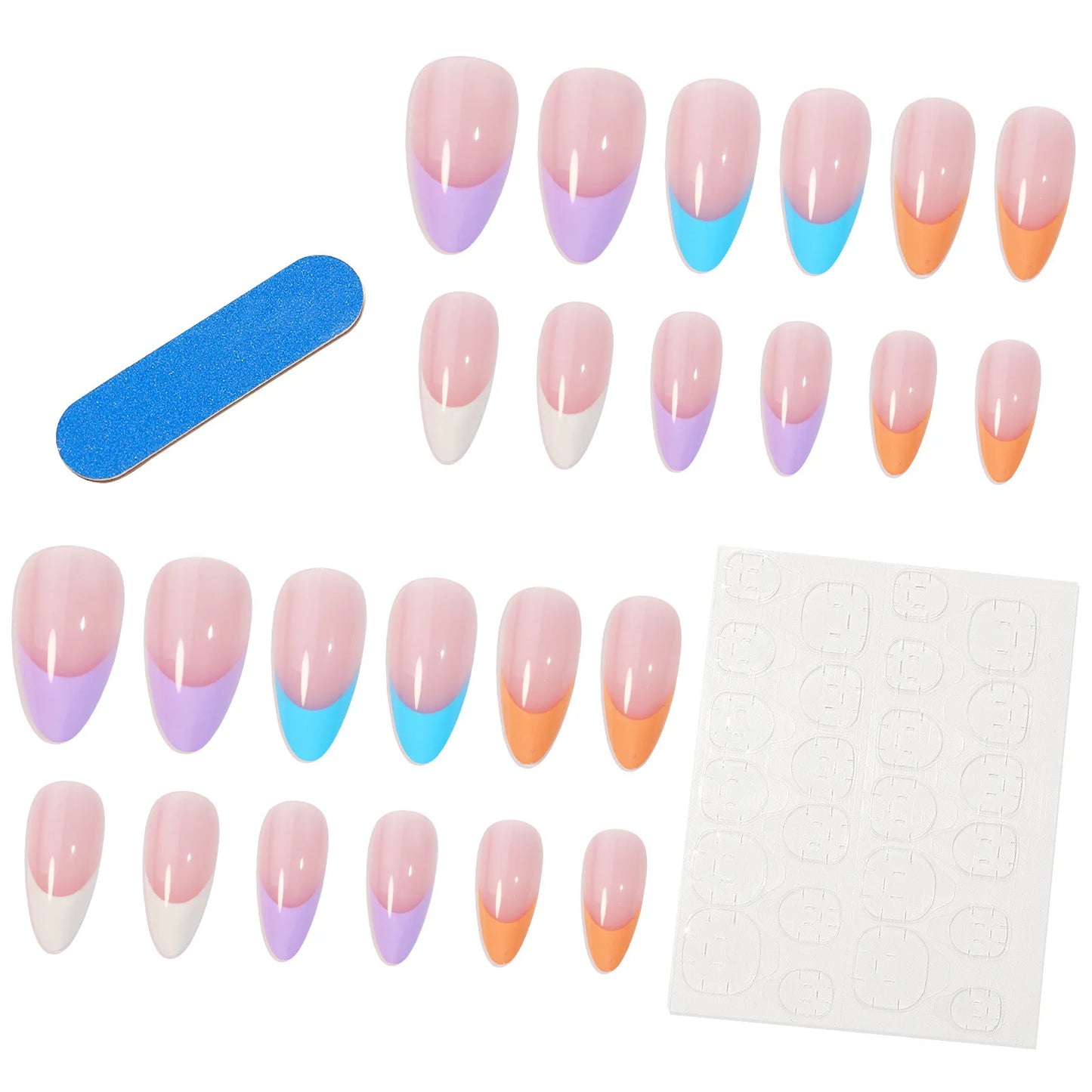 24Pcs Rainbow nail art multi-color fake nail French tip  long almond press on nail
