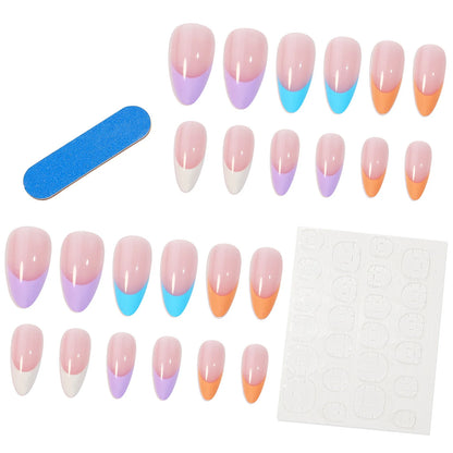 24Pcs Rainbow nail art multi-color fake nail French tip  long almond press on nail