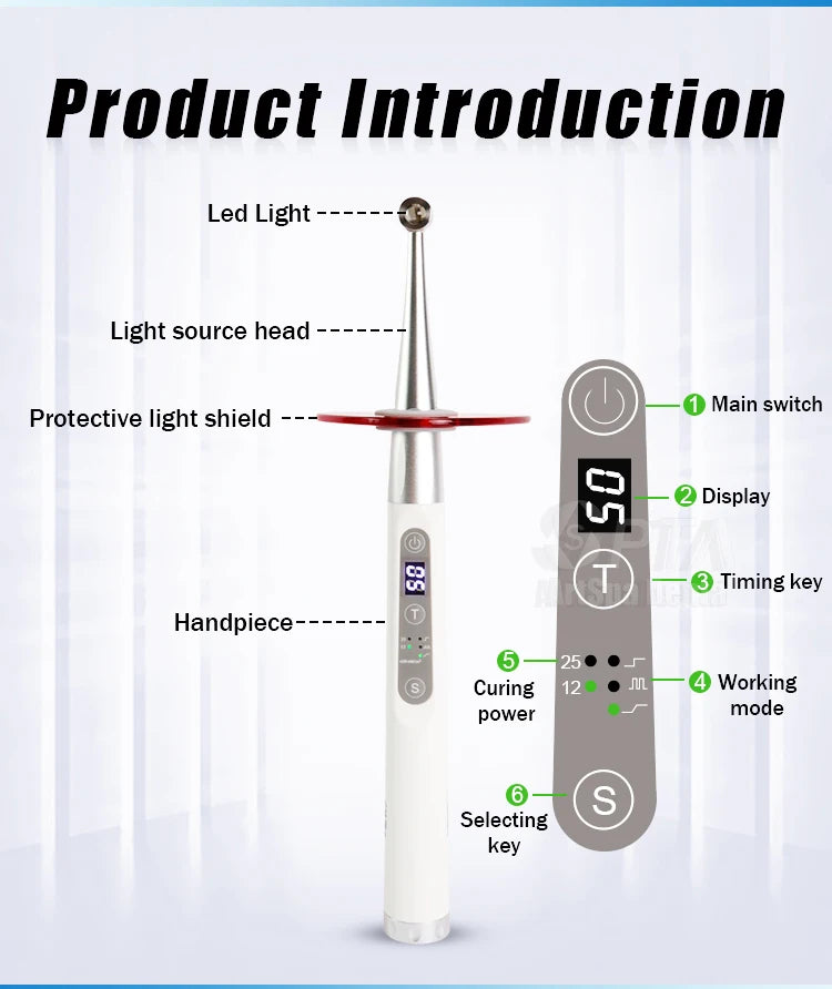 Dental 1 Second Curing Light LED Lamp With Two Intensity Angle Adjustable Utra Long Wavelength Flexible Rotation Design