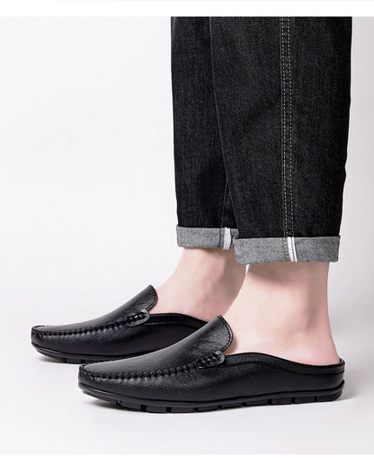 Closed Toe Half Shoes for Men Black Blue Mules Slippers Slip on Genuine Cowhide Leather Luxury Flat Sandals Man Summer 2025