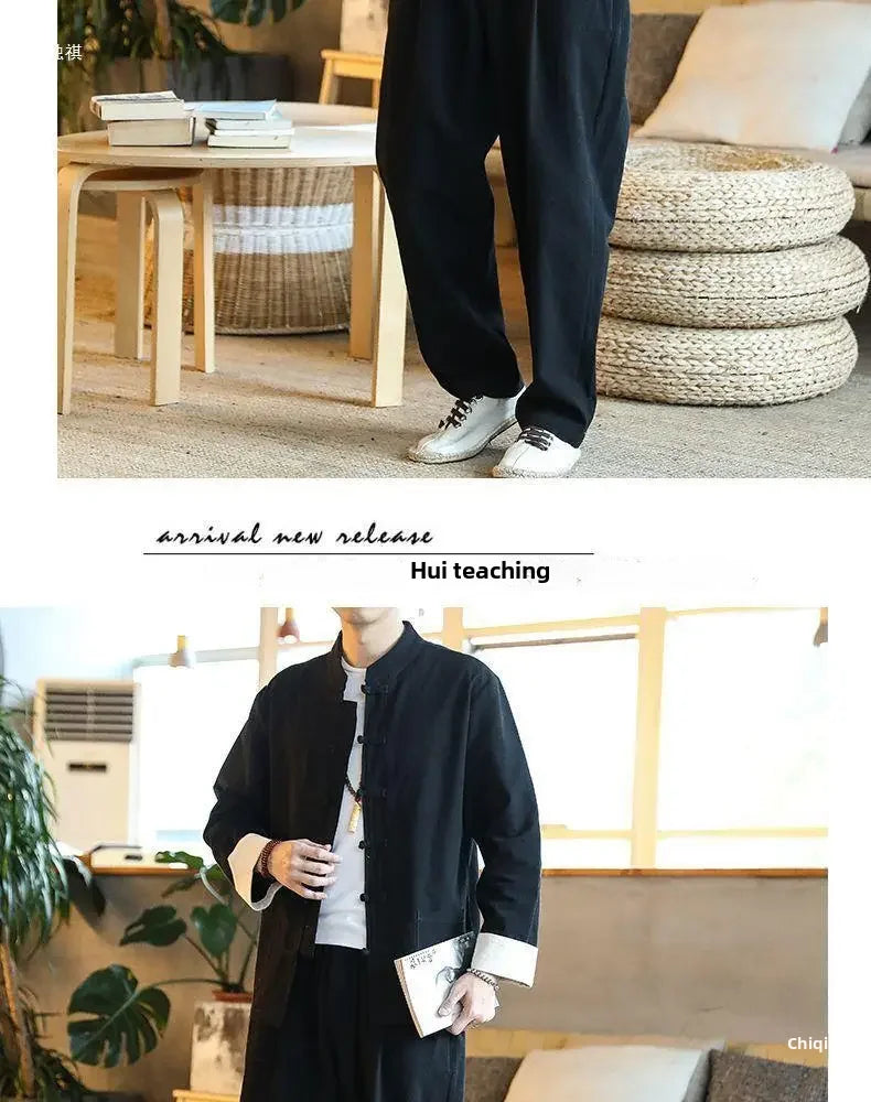 Traditional Chinese Men's Tang Suit Cotton Linen Ancient Costume Tea Servant Zen Meditation Clothing Middle Mountain Hanfu