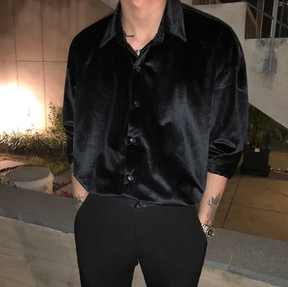 Men's Winter Velvet Shirt Red Black Luxury Clothes For Mens Burgundy chemise velours homme Korean Men Clothing Streetwear